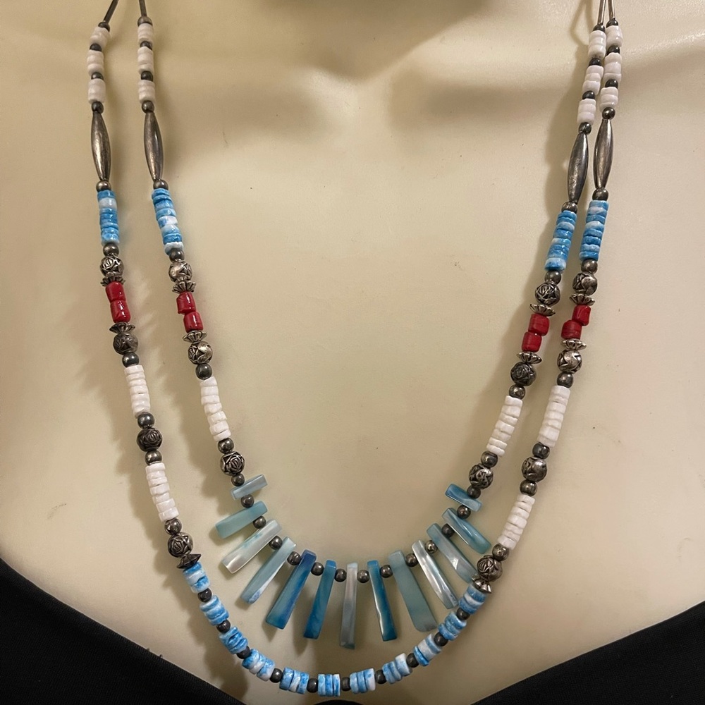 Vintage Double Strand Liquid Silver, Shell & Stone Beads Necklace